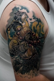 Thrall tattoo from World of Warcraft, Colorful and realistic with lots of green, Done by Don