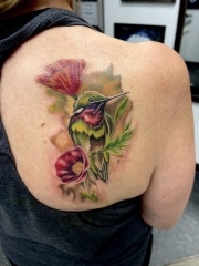 Watercolor background with a Bright green humming bird tattoo in the foreground on Ladies shoulder, done at Art In Motion Tattoos.