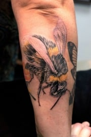 Forearm Fun little bumblebee tattoo, Done at Art In Motion Tattoo Studio