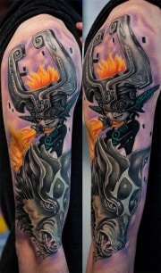 Link the Legend of Zelda Tattoo with Wolf in foreground and Link in background, Colorado Springs.