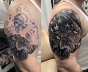 black and gray eagle tattoo cover up on shoulder cap with american flag, art in motion tattoos.