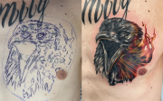 Raven head tattoo cover-up with flames in black and grays with colored flames, colorado springs.