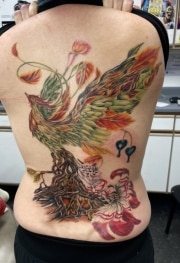 Colorful phoenix tree of rebirth with nine tailed fox, full color back piece, colorado springs tattoo shop.