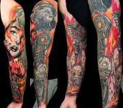 Bio Shock tattoo Sleeve, Very Colorful, has Big Daddy with Song bird, Elizabeth from young to old. By Don Davis