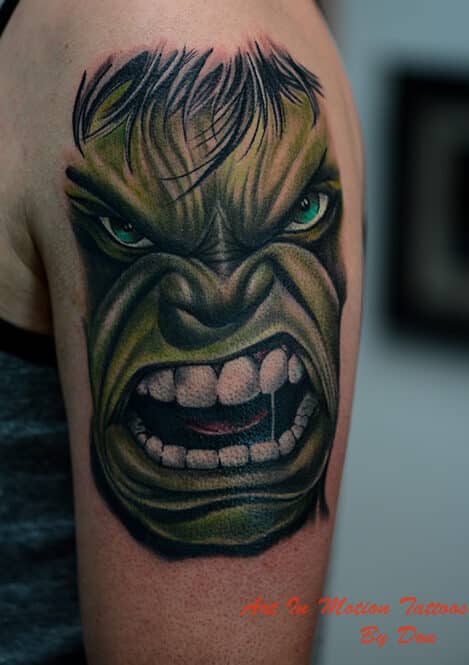 Color tattoo, hulk face tattoo, mean and green, colorado springs tattoo shop.