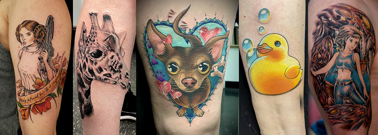 A mix of Tattoos in a collage, General Leia, Giraffe, A puppy, a Rubber Ducky and Nausicaa. Full of Color and Fun Tattoo Art.