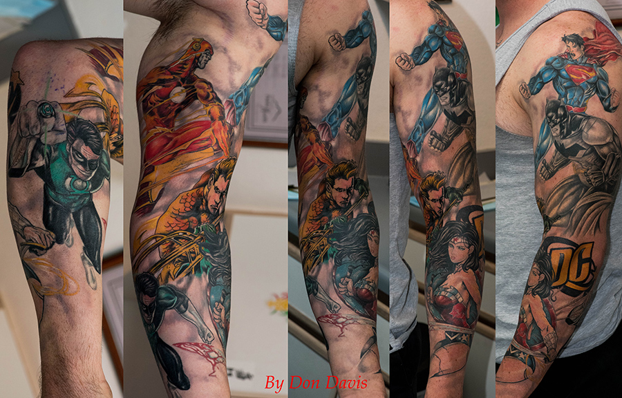 The justice league tattoo sleeve having superman to green lantern, also the original aquaman from the comic books, done by don at art in motion tattoos in colorado springs.