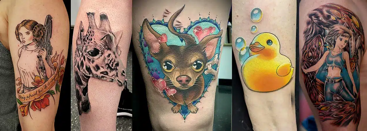 A mix of Tattoos in a collage, General Leia, Giraffe, A puppy, a Rubber Ducky and Nausicaa. Full of Color, colorado springs tattoo reviews.