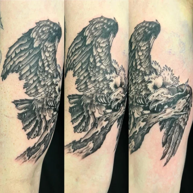 Turkey Vulture by Mark at Art In Motion Tattoos.  #turkeyvulture #turkeyvulturetattoo #artinmotiontattoostudio #coloradosprings #coloradospringstattooartist #blackandgreytattoo #ink #inked #tattoo