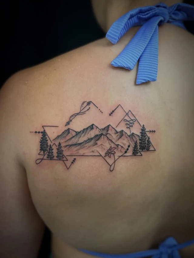Mountains with geometric elements by Mark at Art In Motion Tattoos.  #artinmotiontattoostudio #artinmotiontattoosandpiercing #coloradosprings #coloradospringstattooartist #coloradospringsart #blackandgreytattoos #mountaintattoo #geometric #geometrictattoo #blackandgreytattoo