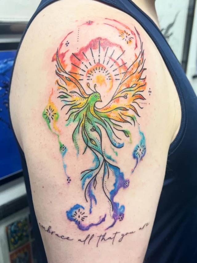 Line work bird with watercolor and quote by Mark at Art In Motion Tattoos.  #artinmotion #artinmotiontattoostudio #watercolor #watercolortattoo #tattoo #ink #tattooed #inked