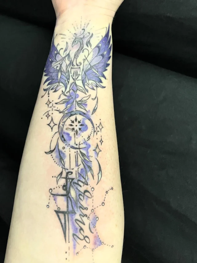 Line work and watercolor on forearm by Mark at Art In Motion Tattoos.  #artinmotion #artinmotiontattoostudio #coloradospringstattooartist #watercolortattooartist #watercolortattoo