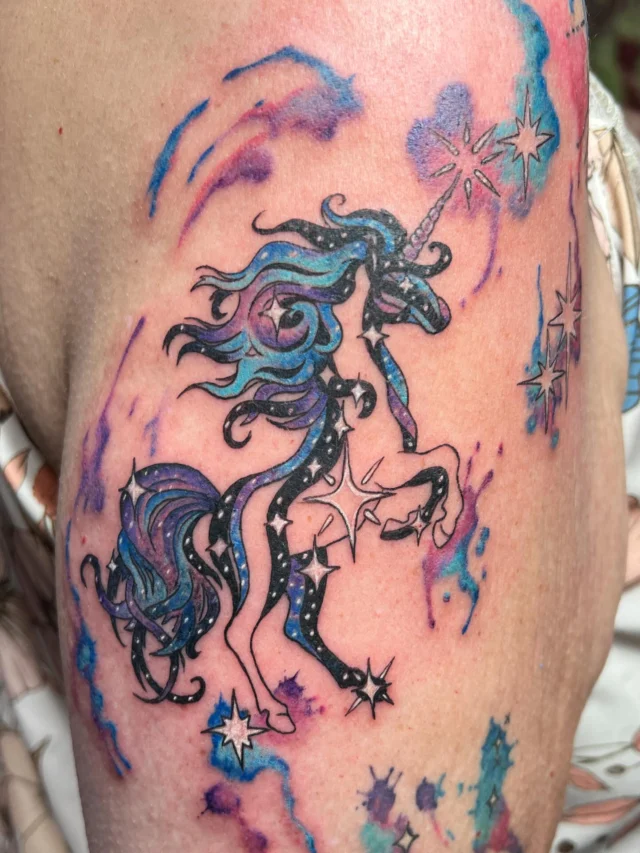 Unicorn constellation with watercolor by Mark at Art In Motion Tattoos.  #artinmotion #artinmotiontattoostudio #coloradospringstattooartist #unicorn #unicorntattoo #constellations #watercolor #watercolortattoo #constellationtattoo #tattoo #tattooed #ink #inked