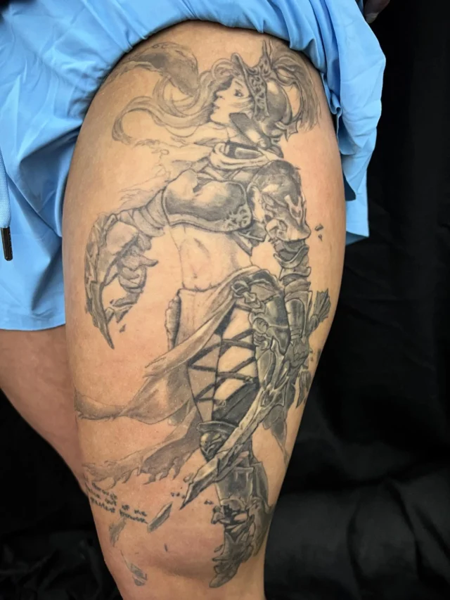 Valkyrie female warrior on thigh by Mark at Art Kn Motion Tattoos.  #artinmotion #artinmotiontattoostudio #coloradospringstattooartist #valkyrie #valkyrietattoo #womanwarrior #femalewarrior #blackandgreytattoos #tattoo #tattooed #tattooedgirls #ink #inked