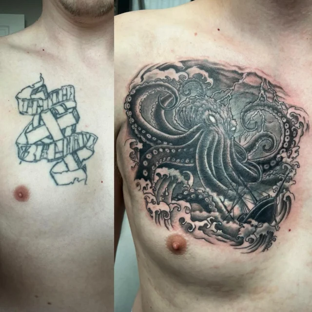 Cover up tattoo by Mark at Art In Motion Tattoos.  #artinmotiontattoostudio #coloradospringstattooartist #coloradospringsartist #coverup #kraken #krakentattoo #blackandgreytattoos #tattoocoverup #tattoo #tattooed #ink #inked