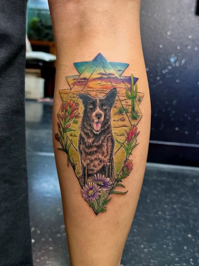 Doggie portrait with south western theme by Mark at Art In Motion Tattoos.  #dogportrait #colortattoo #artinmotiontattoostudio #coloradospringstattooartist #coloradospringstattoo  #eternalink #southwest #southwesternstyle