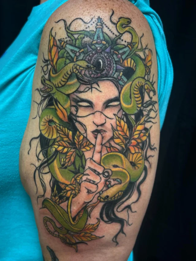 Medusa on arm by Mark at Art In Motion Tattoos.  #artinmotiontattoosandpiercing #coloradospringstattooartist #coloradosprings #tattoo #medusa #medusatattoo #ink #inked #tattooed #tattooedgirls #colortattoo #eternalink